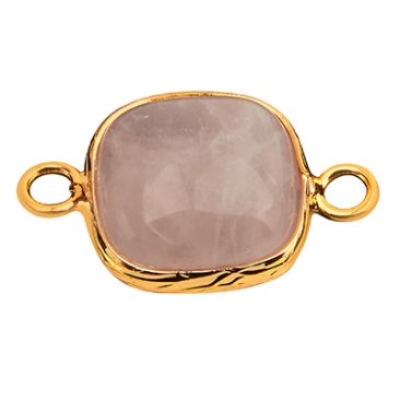 Gemstone bracelet connector square, rose quartz, 21 x 13 mm, two eyelets, gold-coloured setting