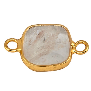 Pierre précieuse Connecteur de bracelet carré, cristal de roche, 21 x 13 mm, deux oeillets, monture dorée