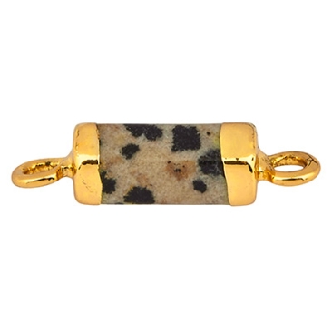 Gemstone bracelet connector cylinder, dalmatian jasper, 20 x 5 mm, two eyelets, gold-coloured setting