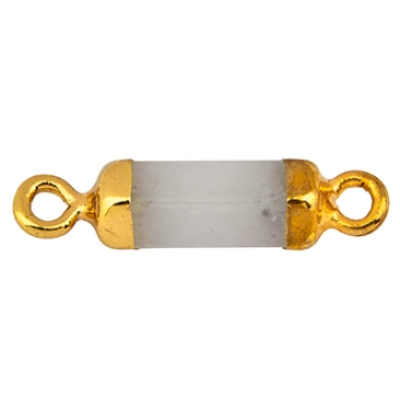 Connecteur de bracelet en pierre précieuse, cylindre, cristal de roche, 20 x 5 mm, deux oeillets, monture dorée
