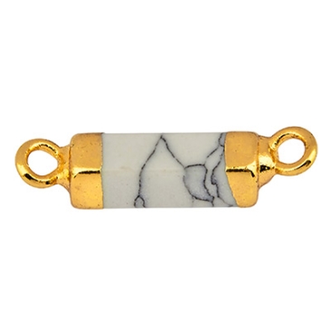 Connecteur de bracelet en pierre précieuse, cylindre, howlite, 20 x 5 mm, deux oeillets, monture dorée