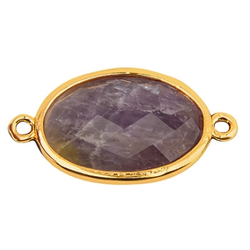 Gemstone bracelet connector oval, amethyst, 26 x 15 mm, two eyelets, gold-coloured setting