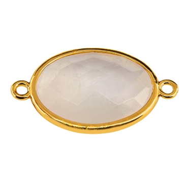 Pierre précieuse Connecteur de bracelet ovale, cristal de roche, 26 x 15 mm, deux oeillets, monture dorée