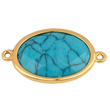 Gemstone bracelet connector oval, synthetic turquoise, 26 x 15 mm, two eyelets, gold-coloured setting