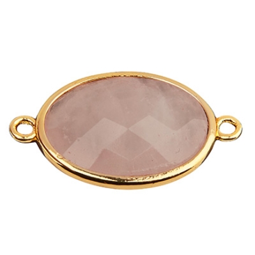 Pierre précieuse Connecteur de bracelet ovale, quartz rose, 26 x 15 mm, deux oeillets, monture dorée