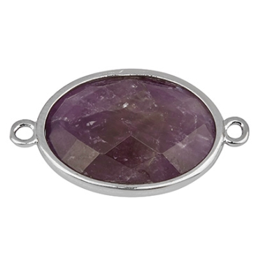 Gemstone bracelet connector oval, amethyst, 26 x 15 mm, two eyelets, setting silver-coloured