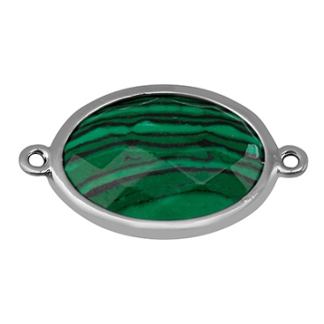 Gemstone bracelet connector oval, malachite, 26 x 15 mm, two eyelets, setting silver-coloured