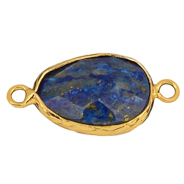 Gemstone bracelet connector drop, lapis lazuli, 27.5 x 14.5 mm, two eyelets, gold-coloured setting