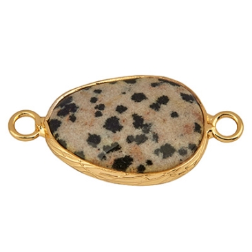 Pierre précieuse Connecteur de bracelet goutte, jaspe dalmatien, 27,5 x 14,5 mm, deux oeillets, monture dorée