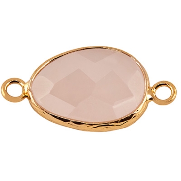Gemstone bracelet connector drop, rose quartz, 27.5 x 14.5 mm, two eyelets, gold-coloured setting