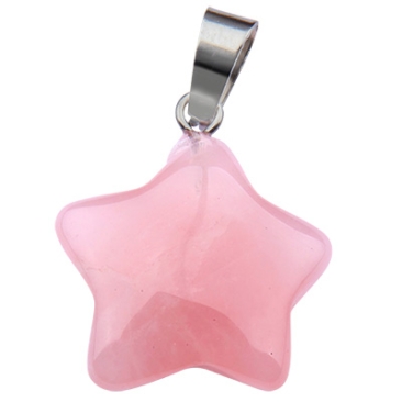 Gemstone pendant star, rose quartz, with silver-coloured eyelet, 22 x 20 x 5 mm, eyelet: 2 x 7 mm