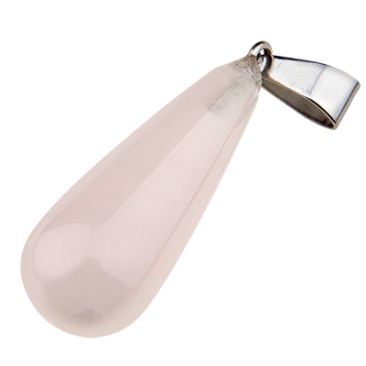 Gemstone pendant rose quartz , drop, pink, 30.0 mm x 11.0 mm, loop 6 x 4 mm