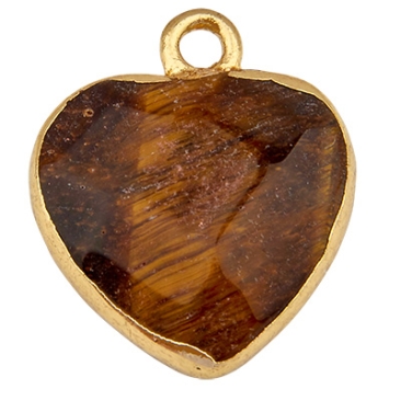 Gemstone pendant tiger's eye, heart, brown, 16.5 mm x 14.5 mm, eyelet 1.8 mm