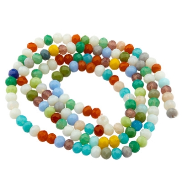 Strand of glass facetted beads, round, approx. 4 x 3 mm, transparent and opaque, multicolour, length of strand approx. 46 cm