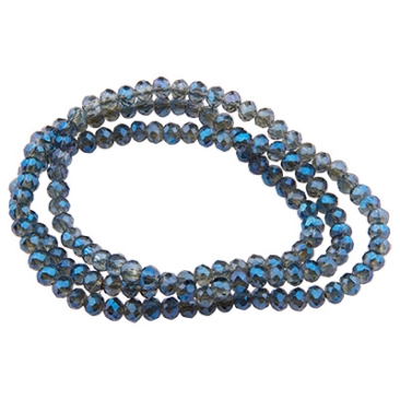Strand of glass facet beads, rondel, approx. 4.5 x 3.5 mm, completely galvanised rainbow effect, dark blue, length of strand approx. 46 cm