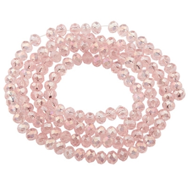 Strand of glass facet beads, rondel, approx. 4.5 x 3.5 mm, completely galvanised rainbow effect, pink, length of strand approx. 46 cm