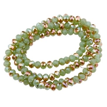Strand of glass facetted beads, rondel, approx. 4.0 x 3.5 mm, semi-galvanised, light green, length of strand approx. 42 cm