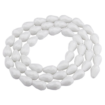 Glass facet beads drops, 15 x 10 mm, white opaque, strand with approx. 50 beads