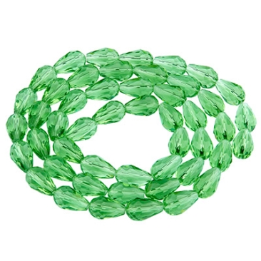Glass facet beads drops, 15 x 10 mm, light green, strand with approx. 50 beads