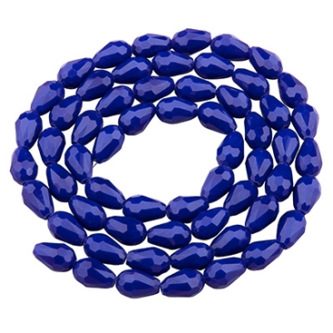 Glass facet beads drops, 11 x 8 mm, royal blue opaque, strand with approx. 60 beads