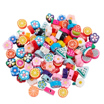 Polymer Clay Bead Mix Fruits and Flowers, 8-11 x 8-11 x 4 mm, Bag with 100 Beads