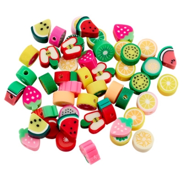 Polymer clay bead mix fruits, 7-12 x 8-10 x 4 mm, hole: 2 mm, bag with 50 beads