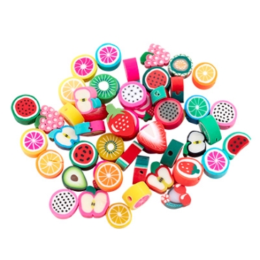 Polymer Clay Bead Mix Fruits, 9-13 x 9-11 x 4 mm, Hole: 1 mm, Bag with 50 Beads
