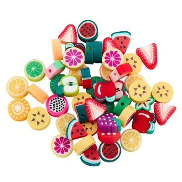 Polymer clay bead mix fruits, 10-11 x 9-11 x 4 mm, hole: 1,5 mm, bag with 50 beads