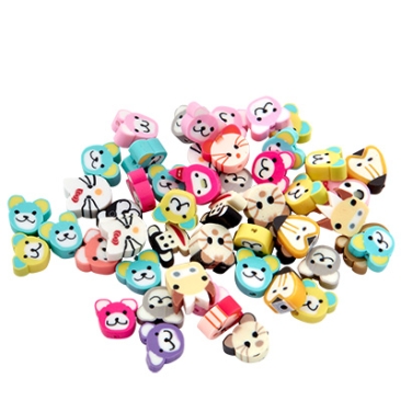 Polymer clay bead mix animals, 10-12 x 7,5-12 x 3 mm, hole: 1,5 mm, bag with 50 beads