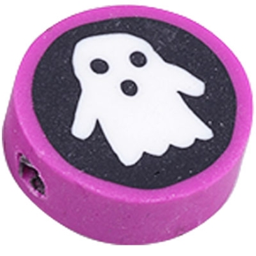 Halloween polymer clay bead, round with ghost, 10.5x5 mm, hole: 1.5 mm