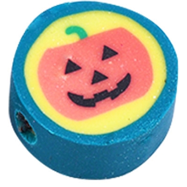 Halloween polymer clay bead, round with pumpkin, 10.5x5 mm, hole: 1.5 mm