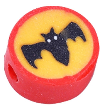 Halloween polymer clay bead, round with bat, 10x5 mm, hole: 1.5 mm