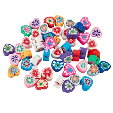 Mix of polymer clay beads, heart, 9 to 11x10 to 11x4 to 5 mm, bag with 50 pcs.