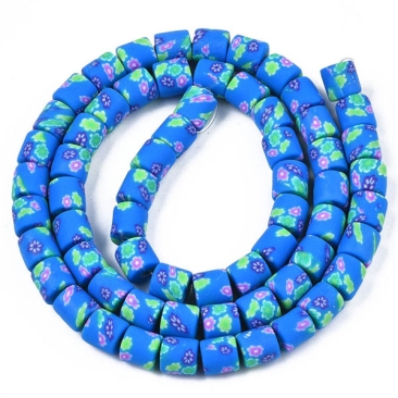 Polymer Clay Perlen, Strang, Walze mit Blumen, Blau, 6 x 6 mm, Lochdurchmesser: 1 mm, ca. 63 Perlen/Strang