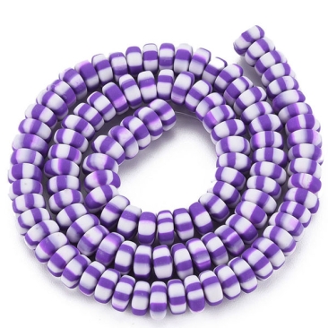 Polymer Clay Perlen, Strang, Rondell, Violett-Weiß gestreift, 6,5 x 3 mm, Lochdurchmesser: 1,4 mm, ca. 110 Perlen/Strang