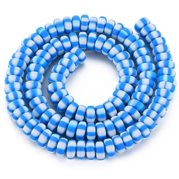 Polymer Clay Perlen, Strang, Rondell, Blau-Weiß gestreift, 6,5 x 3 mm, Lochdurchmesser: 1,4 mm, ca. 110 Perlen/Strang