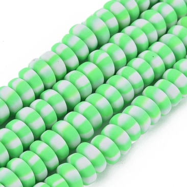 Polymer Clay Perlen, Strang, Rondell, Grün-Weiß gestreift, 6,5 x 3 mm, Lochdurchmesser: 1,4 mm, ca. 110 Perlen/Strang