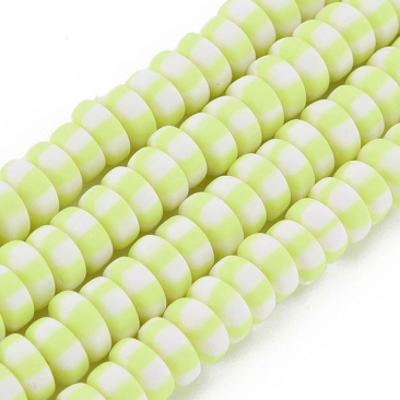 Polymer Clay Perlen, Strang, Rondell, Gelb-Weiß gestreift, 6,5 x 3 mm, Lochdurchmesser: 1,4 mm, ca. 110 Perlen/Strang