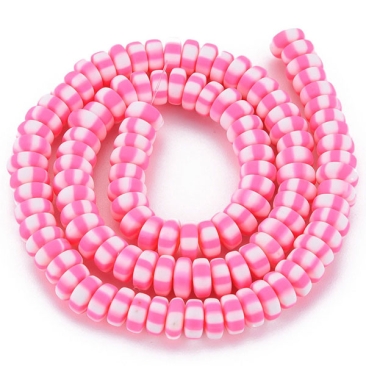 Polymer Clay Perlen, Strang, Rondell, Pink-Weiß gestreift, 6,5 x 3 mm, Lochdurchmesser: 1,4 mm, ca. 110 Perlen/Strang