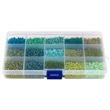 Box with round Rocailles, size 8/0 (3 mm), green shades with different surface effects