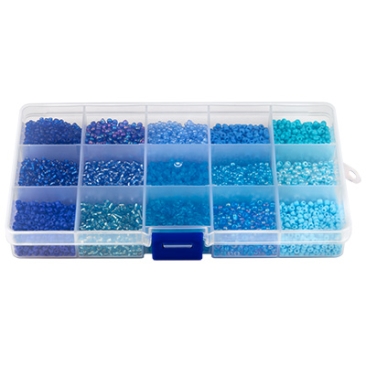 Box with round rocailles, size 8/0 (3 mm), shades of blue with different surface effects