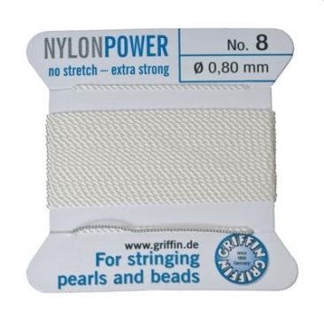 Beaded cord, nylon power, 0.80 mm, white, 2 m