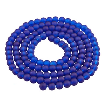 Perles de verre, givrées, boule, bleu foncé, diamètre 4 mm, écheveau d'environ 200 perles