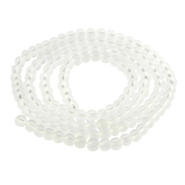 Glass beads, frosted, ball, white, diameter 4 mm, strand with approx. 200 beads