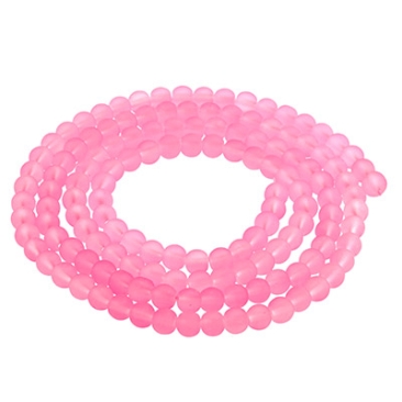 Perles de verre, givrées, boule, rose fluo, diamètre 4 mm, écheveau d'environ 200 perles