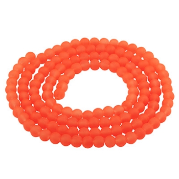 Glass beads, frosted, ball, neon orange, diameter 4 mm, strand with approx. 200 beads