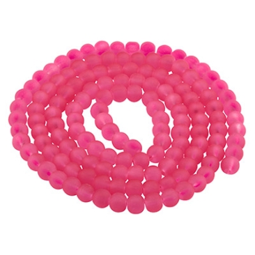 Perles de verre, givrées, boule, rose foncé, diamètre 4 mm, écheveau d'environ 200 perles