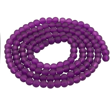 Perles de verre, givrées, boule, violet foncé, diamètre 4 mm, écheveau d'environ 200 perles