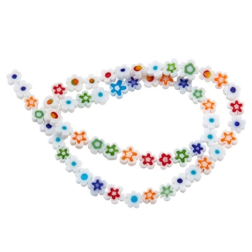 Handmade millefiori glass beads strand, flowers, white, 8 x 3.2 mm, length approx. 40 cm