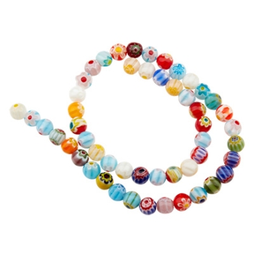 Handmade millefiori glass beads strand, beads, multicolour,diameter approx. 8 mm, length approx. 36 cm